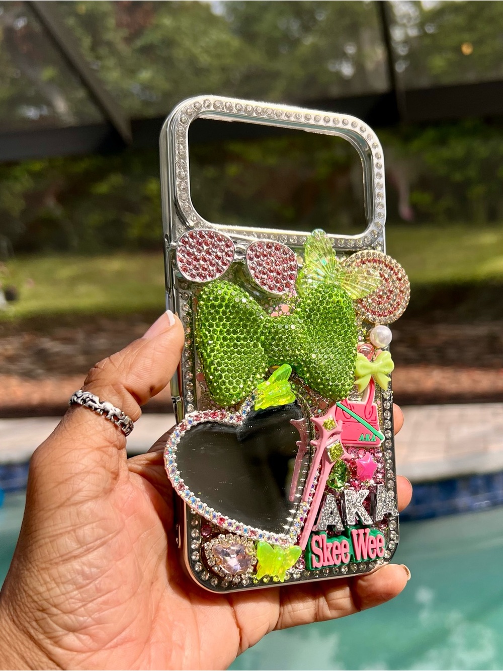 Handmade AKA Sorority Themed iPhone 17 Pro Max Junk Phone Case w/ Mirror Bling